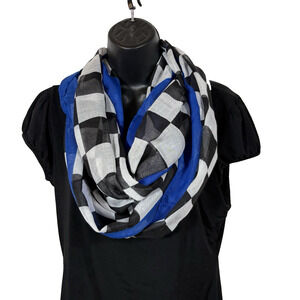 Blue Infinity Scarf, Black White Checked Light Weight Office Retro Semi sheer
